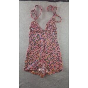 ​J Valentine Pink Orange Metallic Leopard Bodysuit Romper Rave Festival Size Med